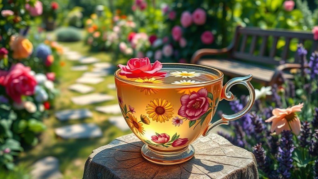 Elegant Floral Teacup in a Serene Garden Setting