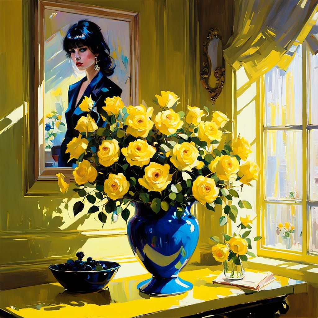 Vibrant Yellow Roses in a Neon-Lit Salon