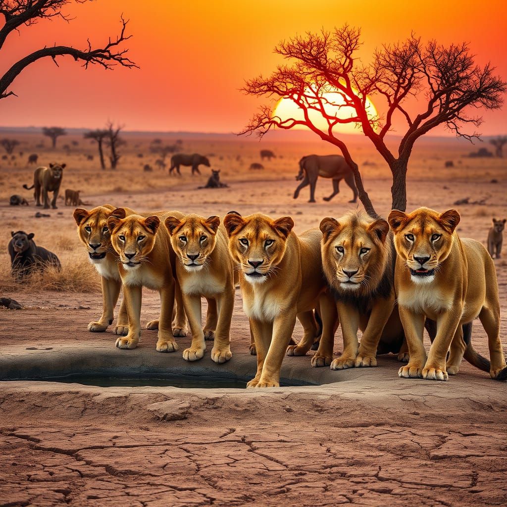Majestic Lions Gather at Watering Hole Under African Sunset