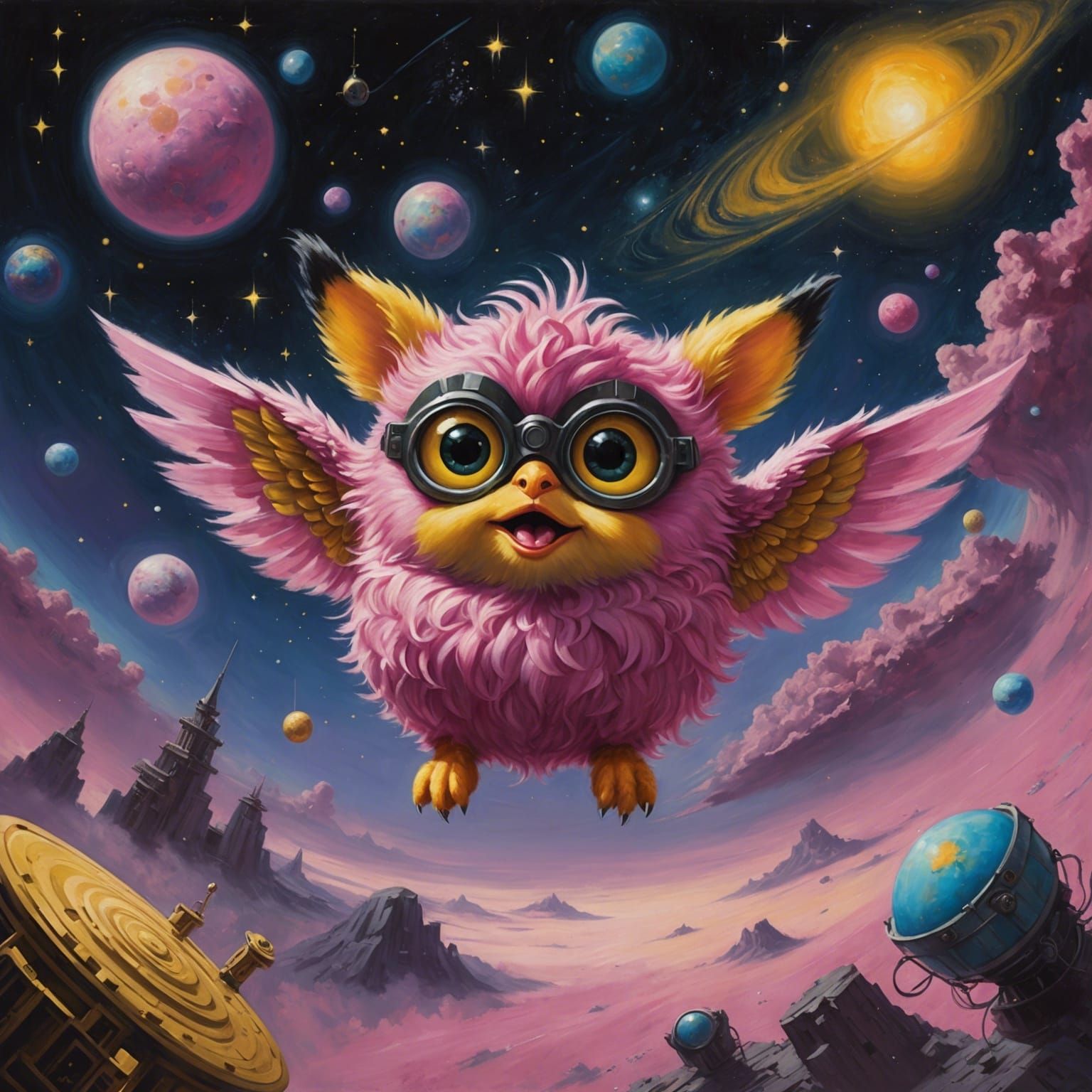 Furby's Dreamlike Flight Through a Pastel Cosmos