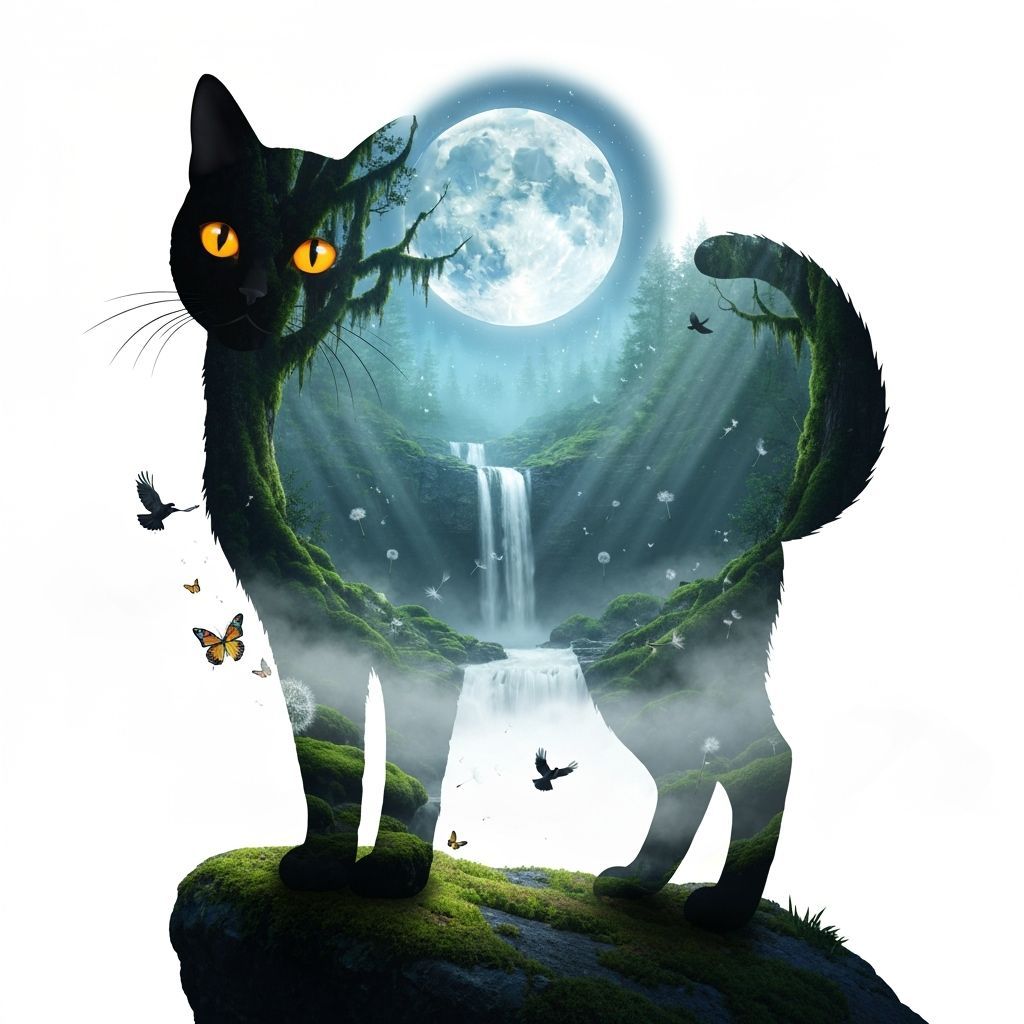 Black Cat Silhouette Merges with Mystical Forest in Double E...