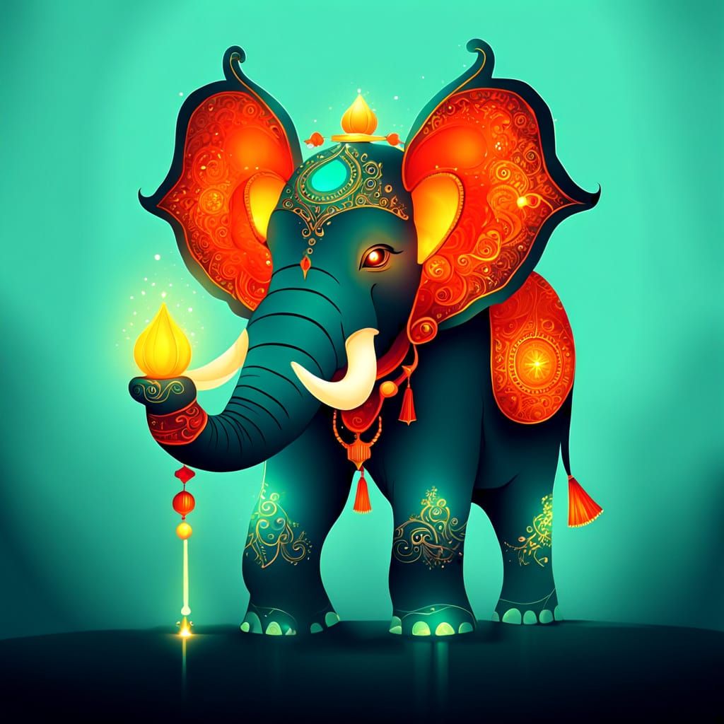 Mystical Elephant with Towering Ears and Radiant Magical Rel...