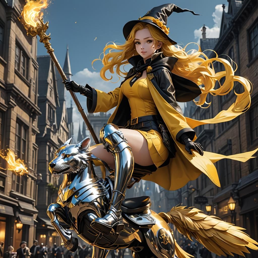 Chrome Hufflepuff Witch on Broomstick in Anime Style