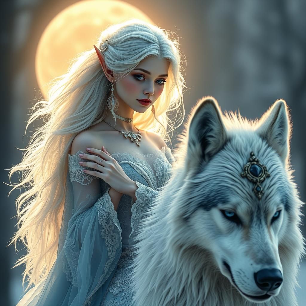 Elven Queen on Timberwolf in Victorian Gown