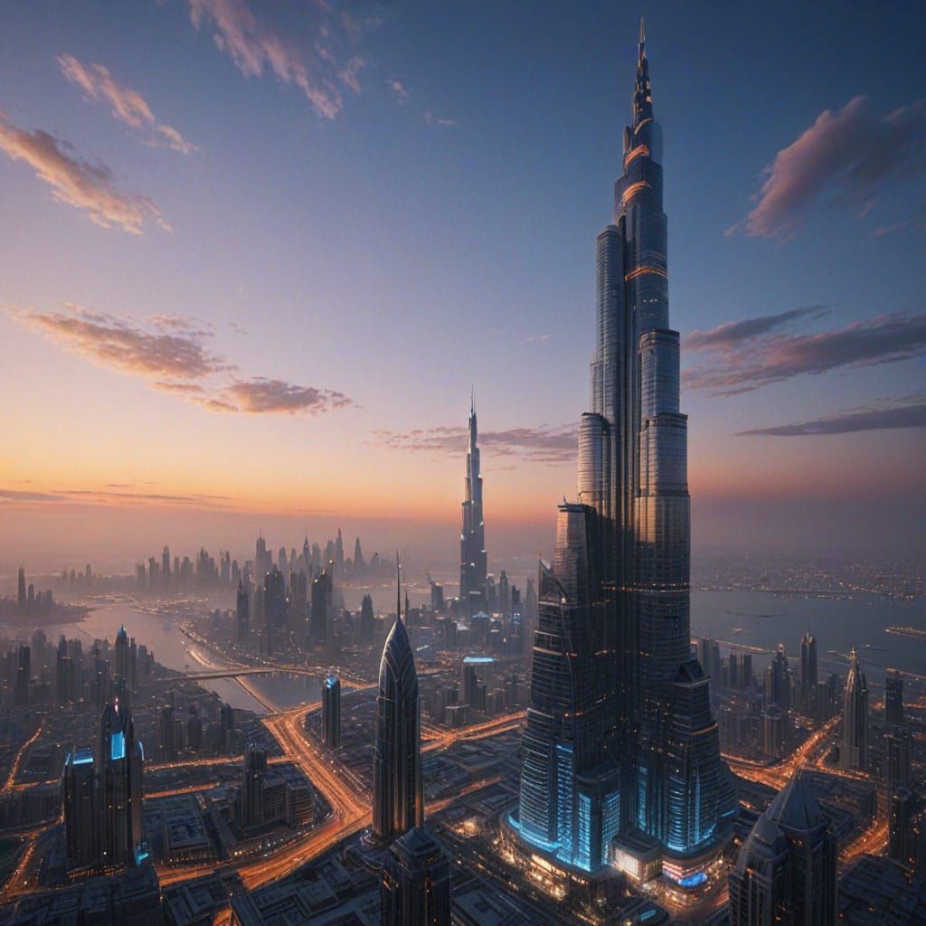 Surreal Futuristic Cityscape at Dusk with Burj Khalifa