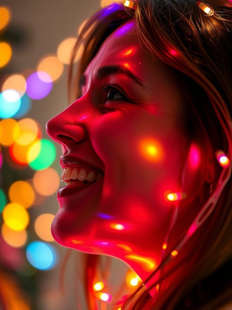 Joyful Woman with Glowing Festive Lights on Her Face