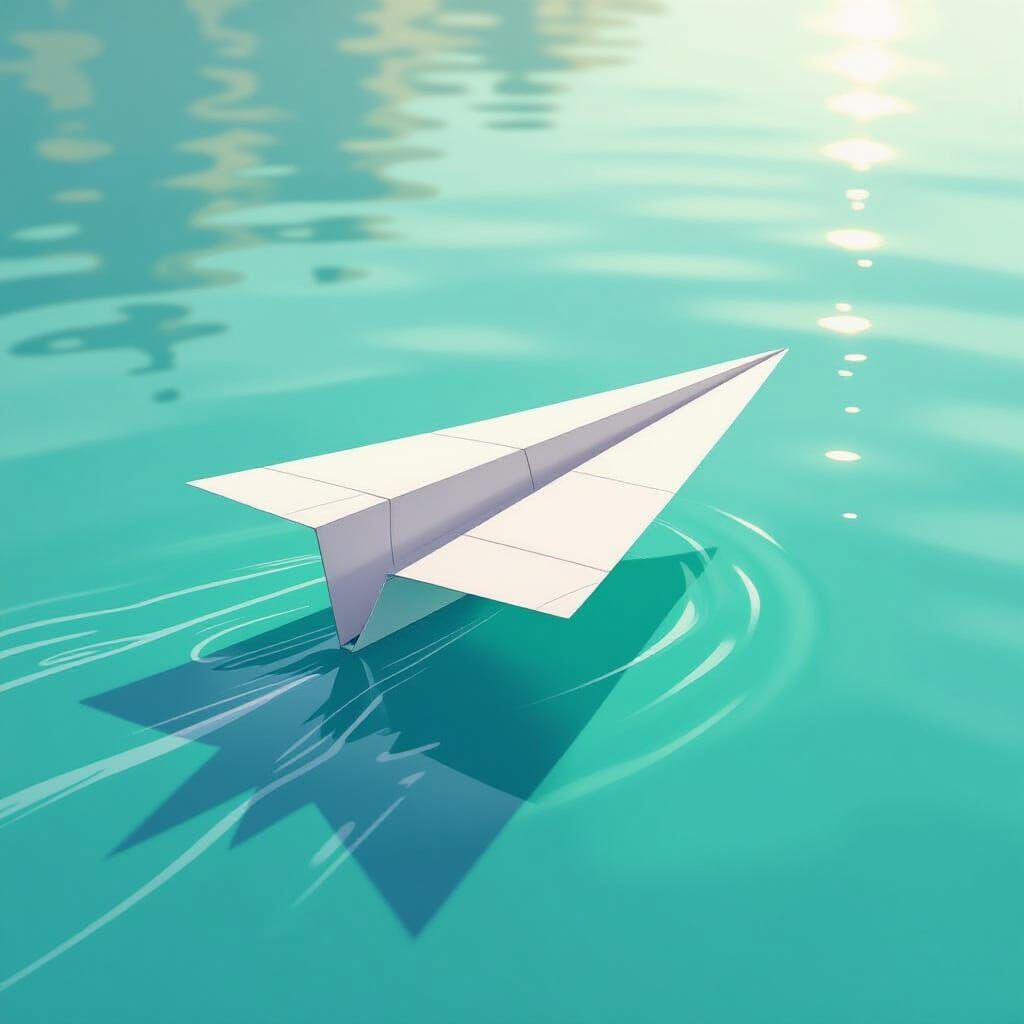 Paper Airplane Skimming Turquoise Water: Mystical Realism