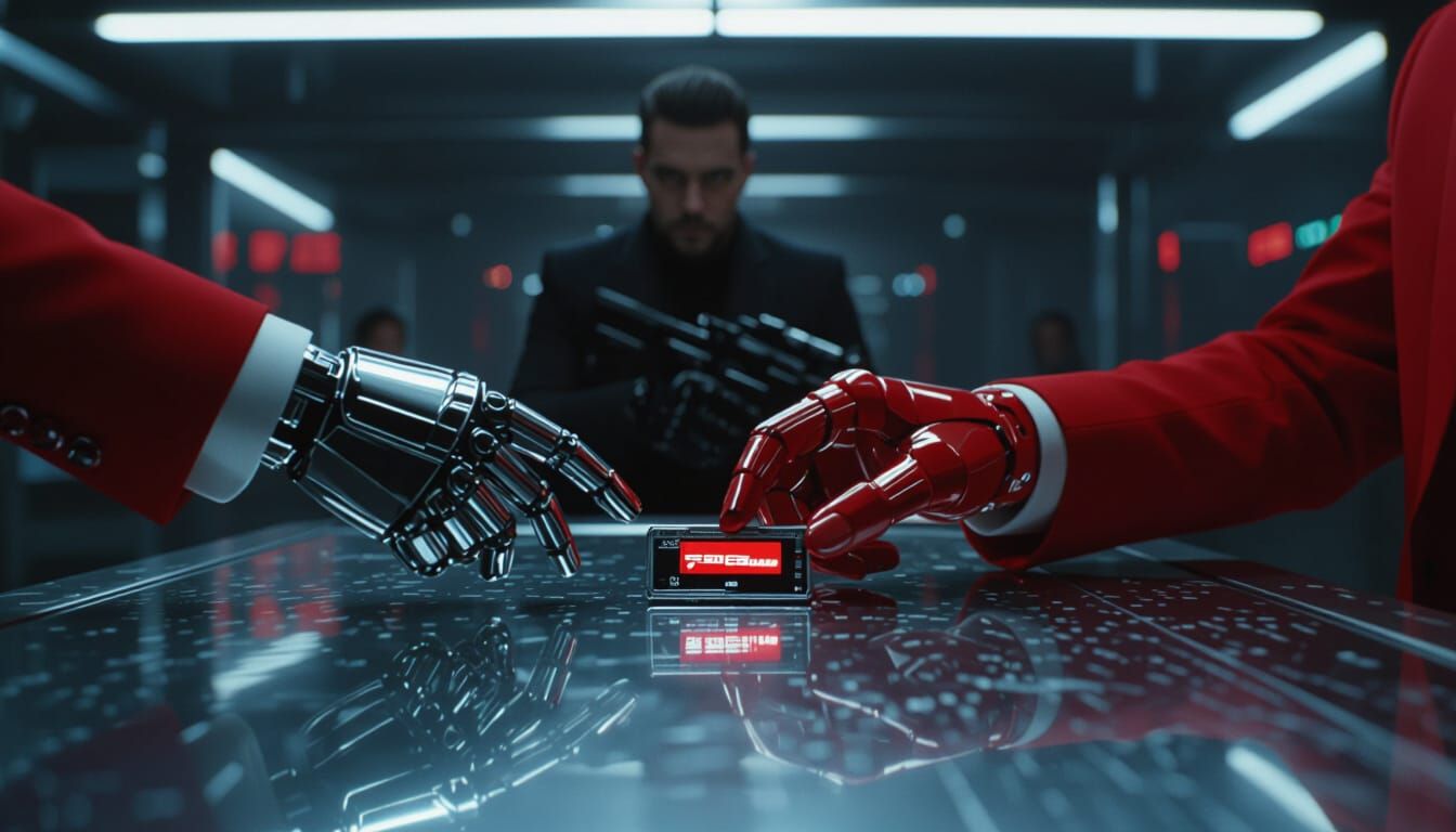 Cyberpunk Credchip Exchange in Film Noir Style