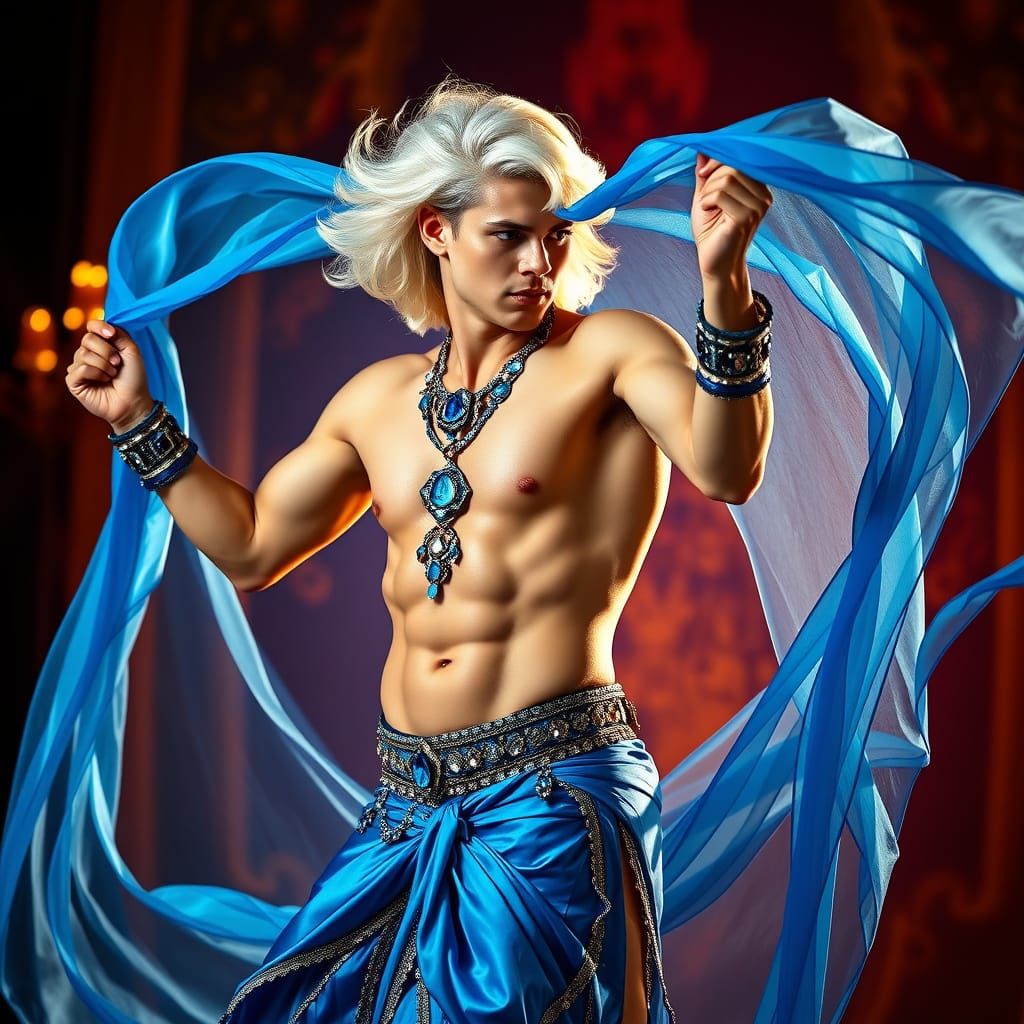 Sensual Male Belly Dancer in Vibrant, Opulent Style