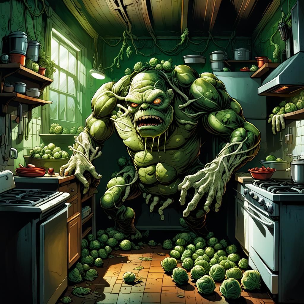 Brussels Sprouts Monsters in a Kitchen, Comic Book Art
