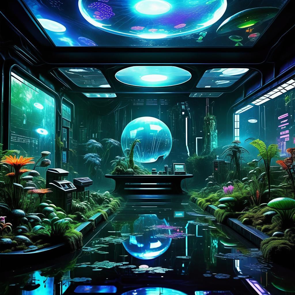 Dark sci-fi theme ,alien shop,, futuristic, ai, trading deri...