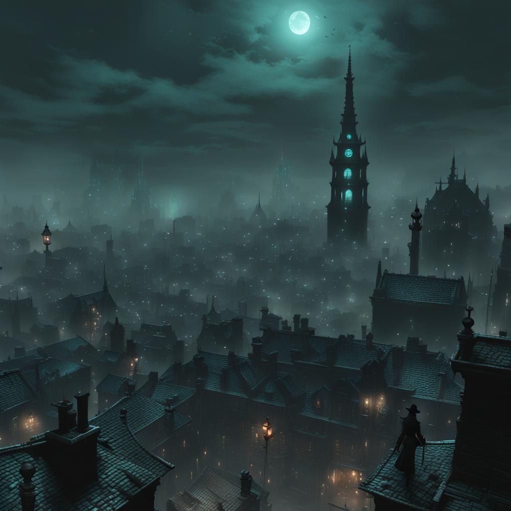 Eerie Teal Lit Cityscape of Yharnam in Mist
