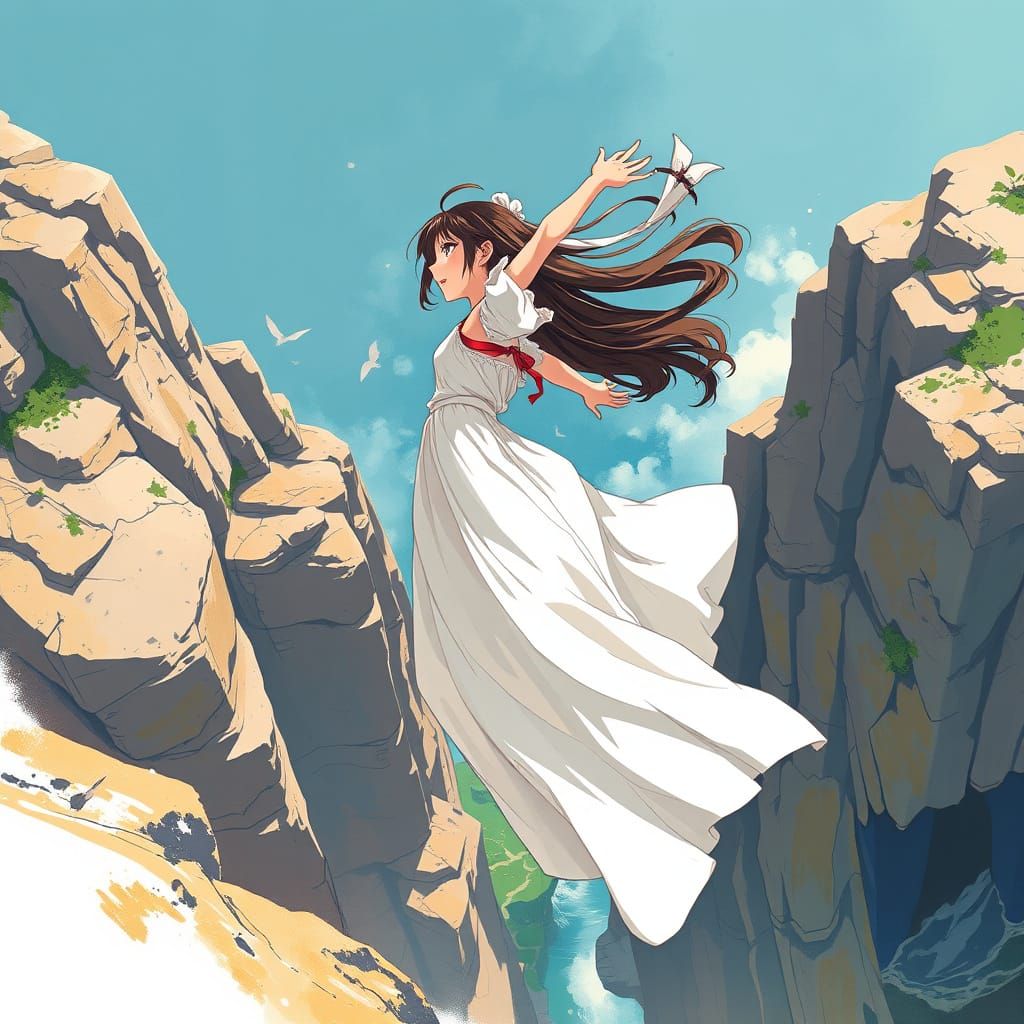Fearless Girl Falls Backwards in Vibrant Anime-Inspired Art