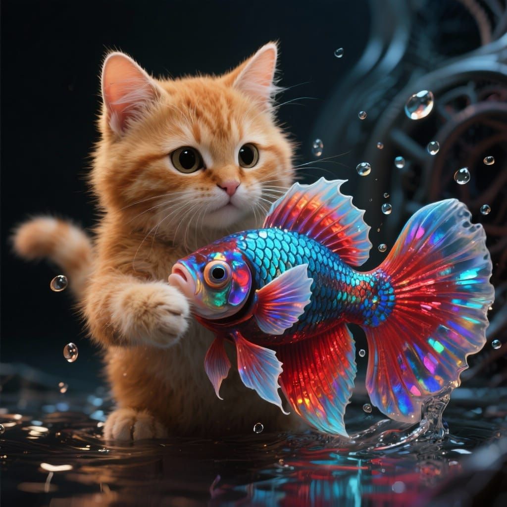 Fluffy Ginger Kitten Merged With Betta Fish