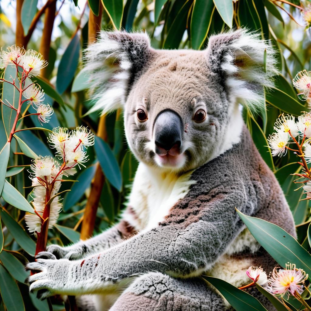 Koala Among Eucalyptus Flowers