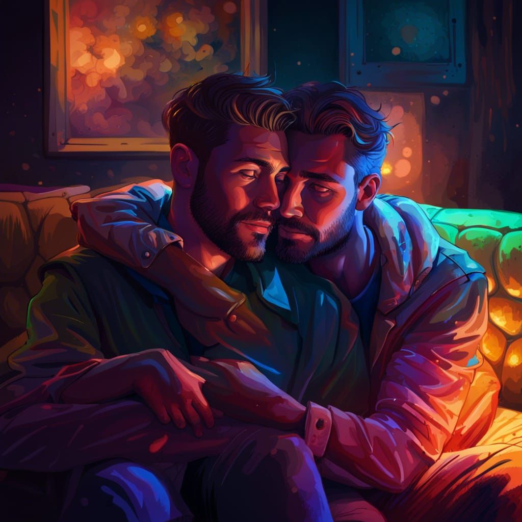 Intimate Night: Handsome Couple's Hyperrealistic Embrace