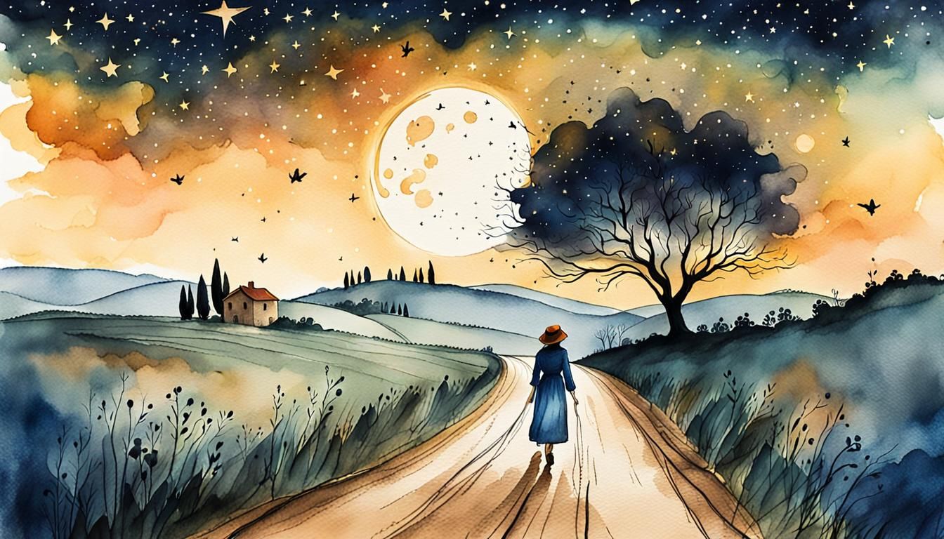 Ethereal Ink Sketch: Wanderer on Tuscan Road