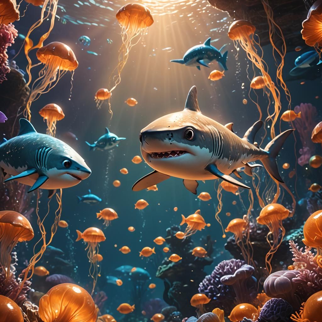 Cute Baby Shark in Underwater Fantasy World