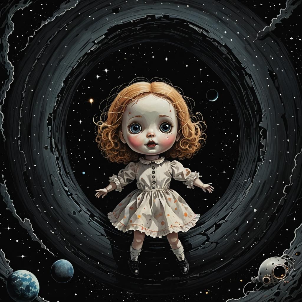 Creepy Doll Floating Towards Black Hole Illustration