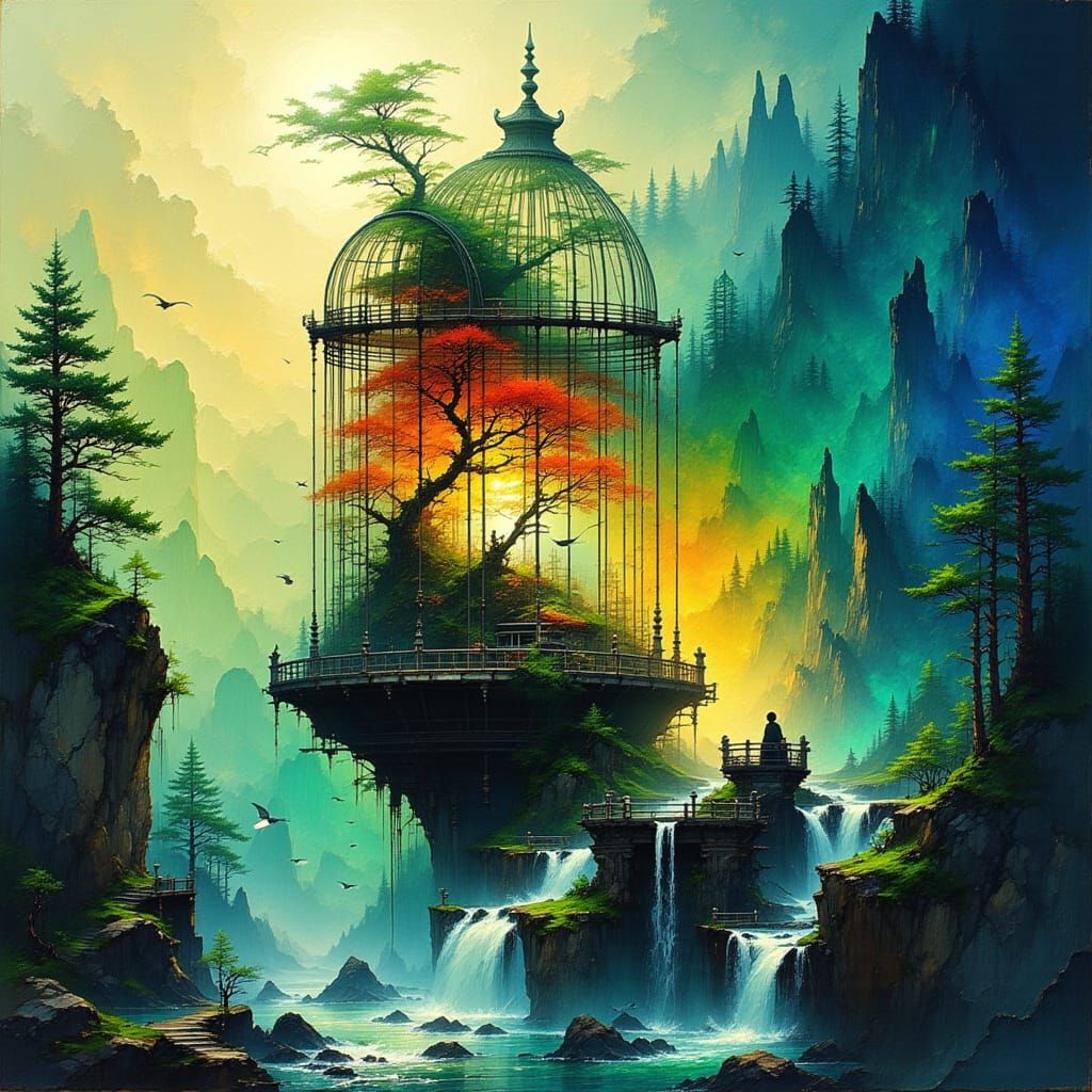 Majestic Birdcage Double Exposure with Rivers and Forests