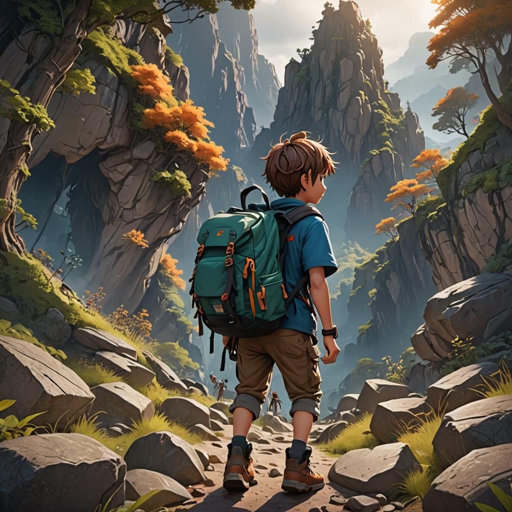 Anime Boy Hiking with Oversized Backpack