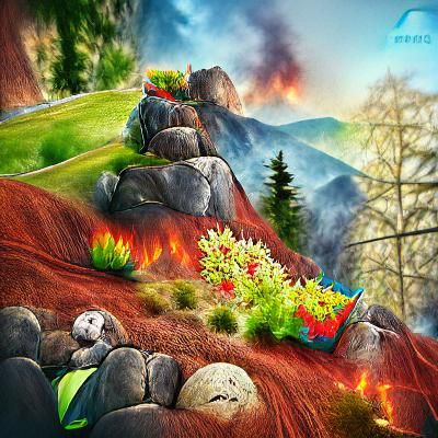 Colorful Mountainside Landscape with Distant Wildfire