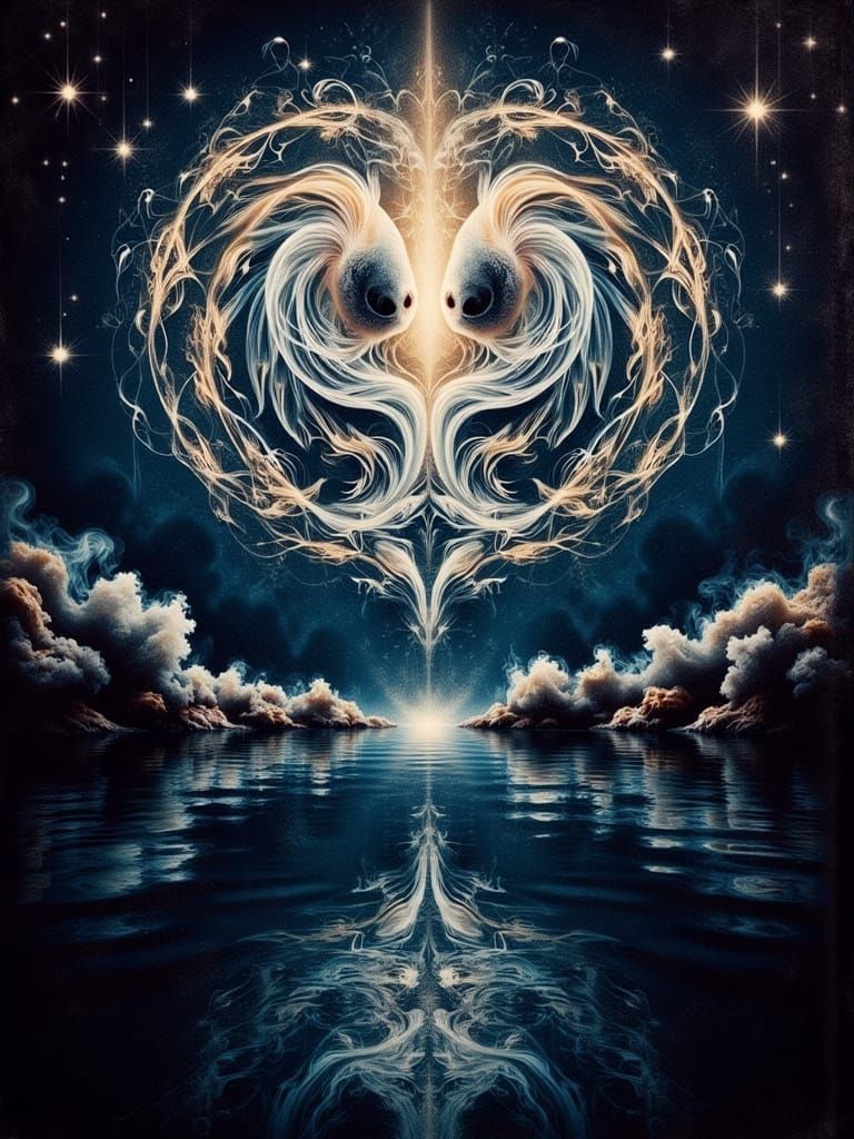 Surreal Underwater Realm with Luminous Fish and Zodiac Sigil...