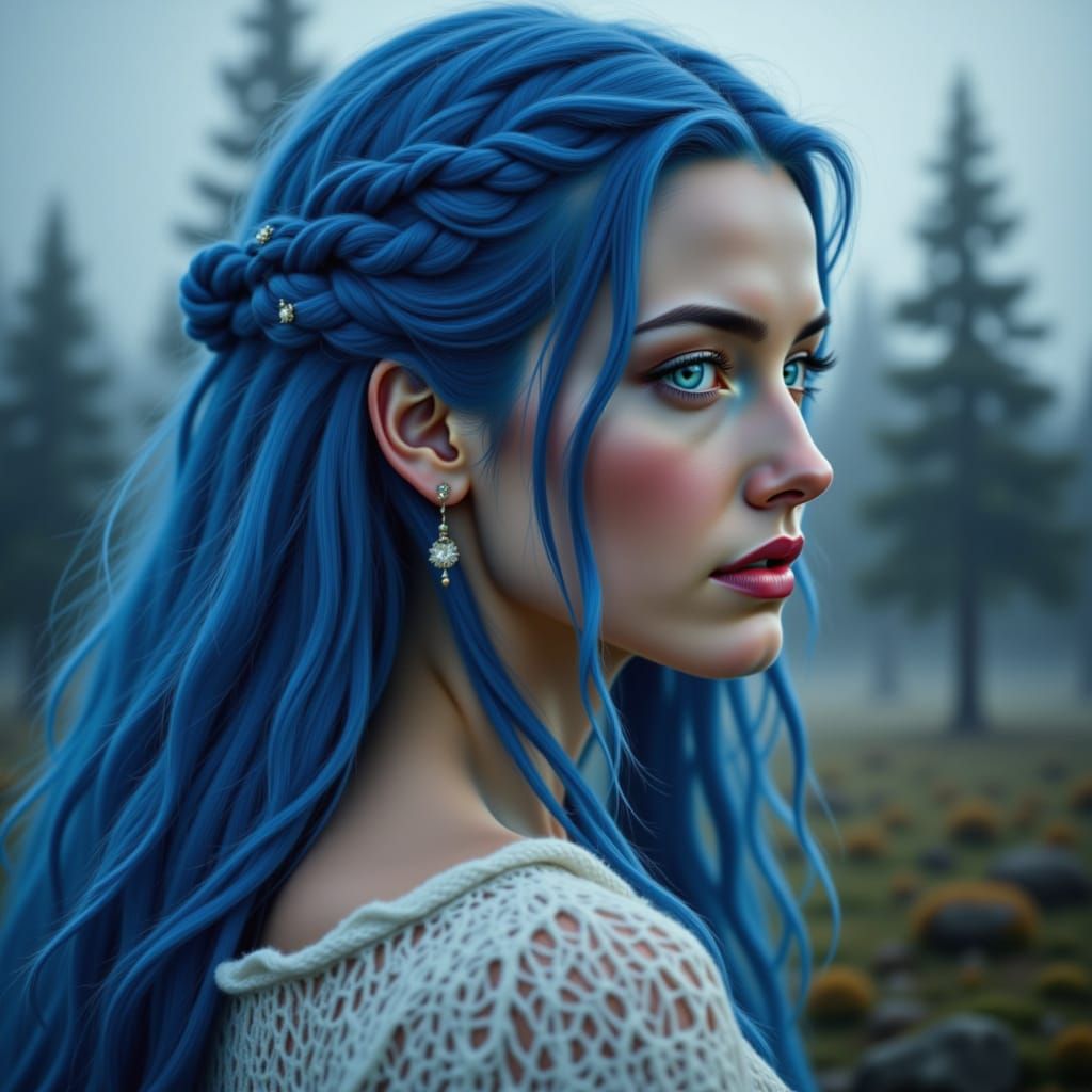 Norse Maiden with Flowing Blue Hair in Oil Painting Style