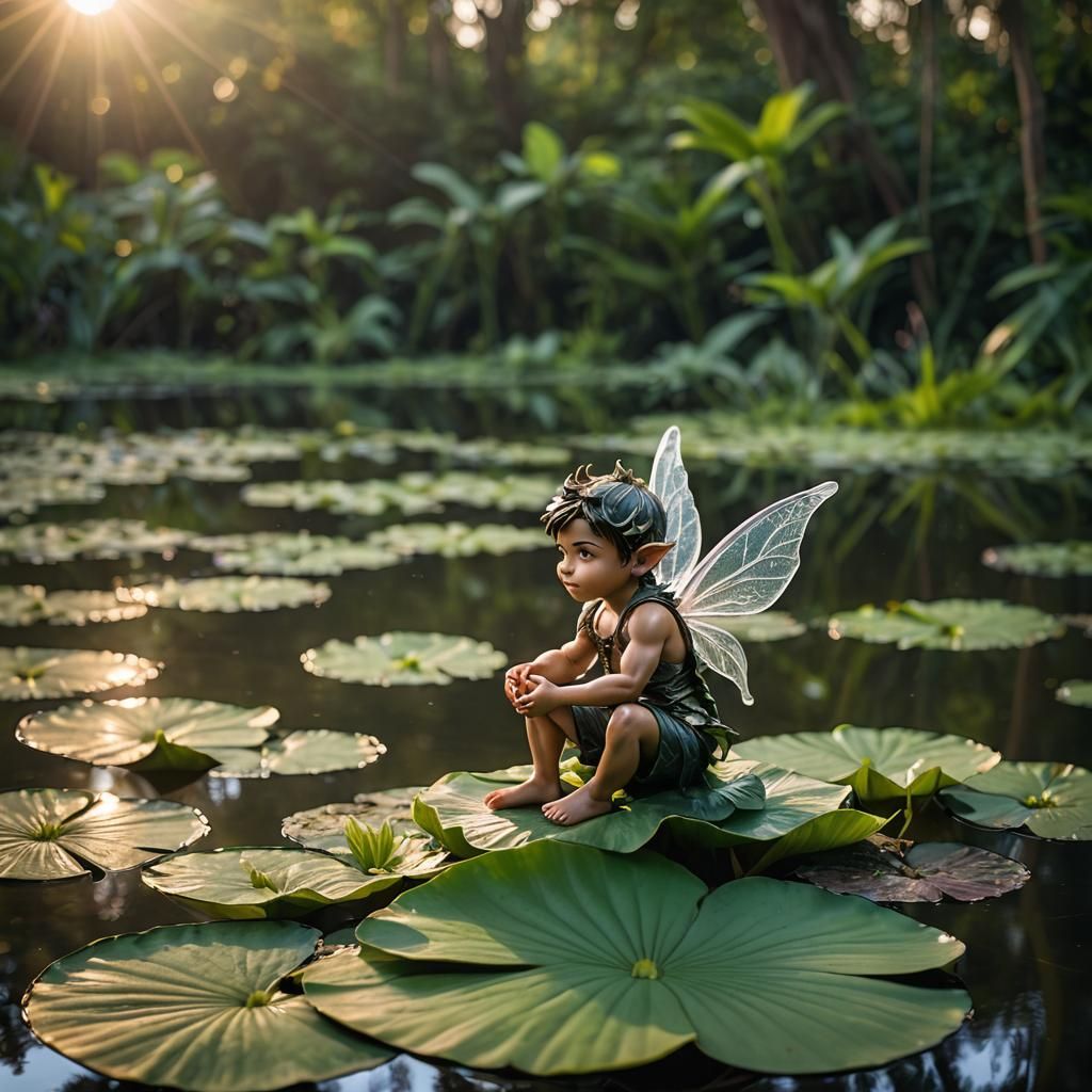 Muscular Fairy Contemplating Sunrise in Tranquil Pond