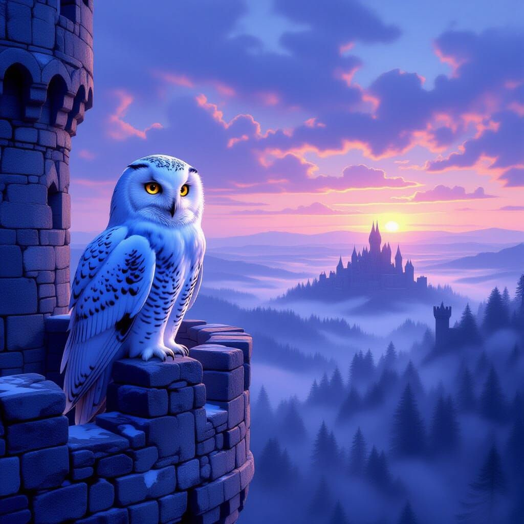 Snowy Owl on Ancient Castle Parapet in Twilight Forest