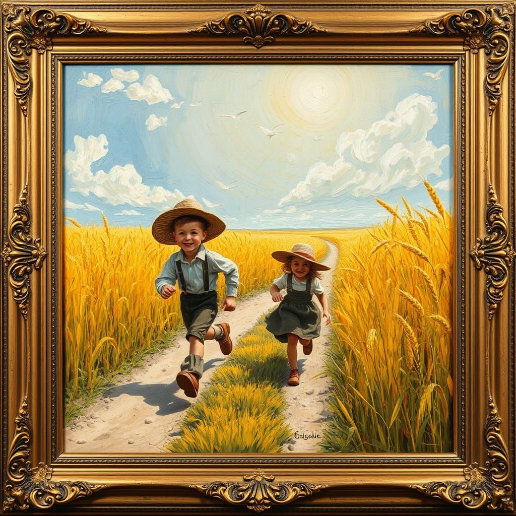 Children in Wheat Field: Van Gogh Impasto Style
