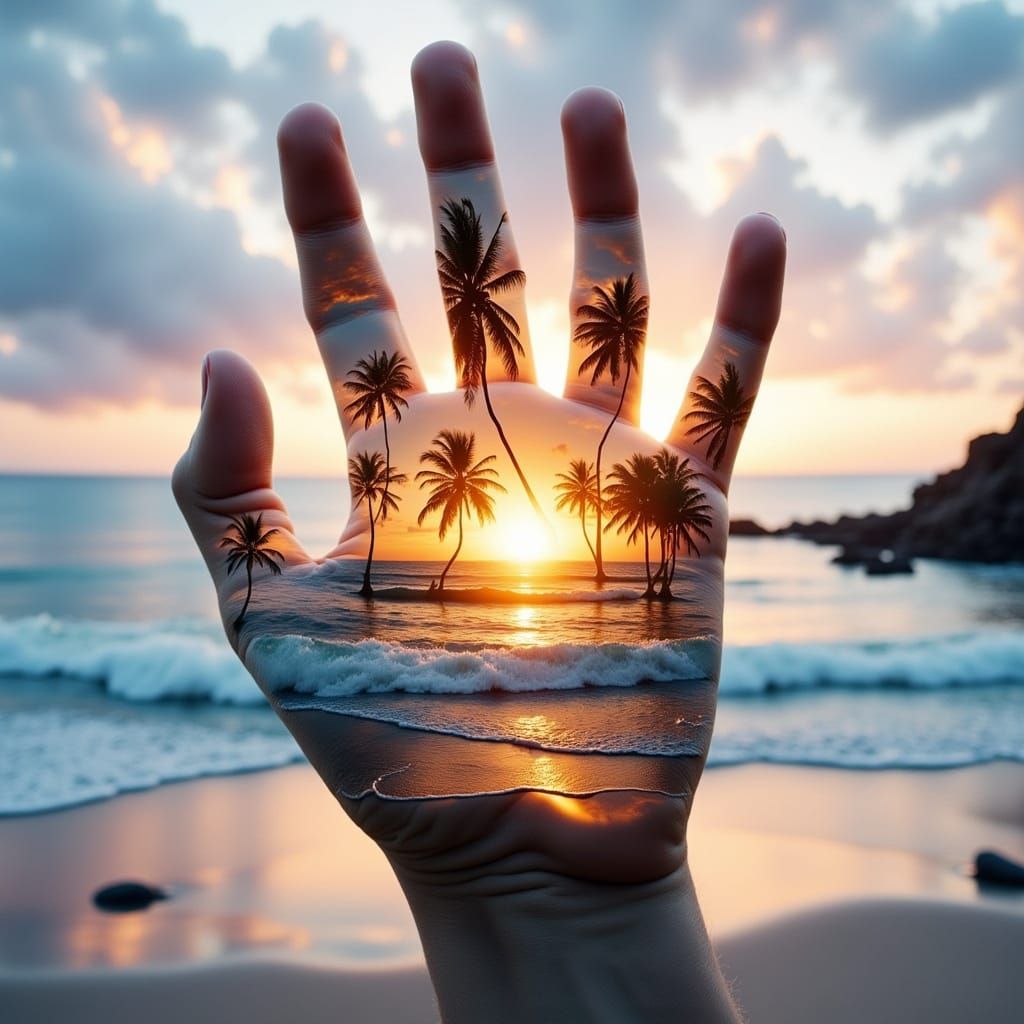 Surreal Sunset Beach Art in Double Exposure Style