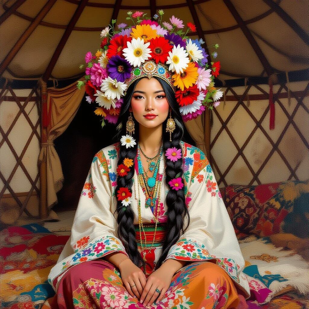 Asian Shaman in Yurt: Realistic Oil Painting