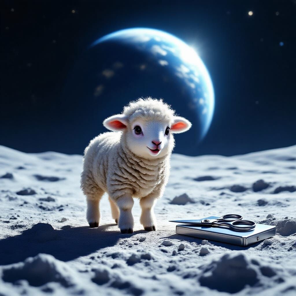 Surprised Lamb Finds Scissors on the Moon