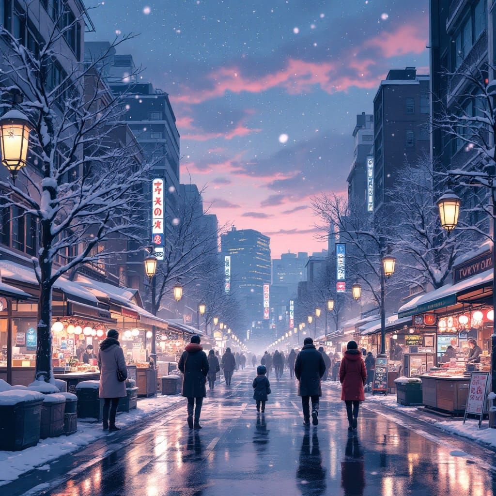 Tokyo Winter Dusk: Anime-Style Cityscape at Night