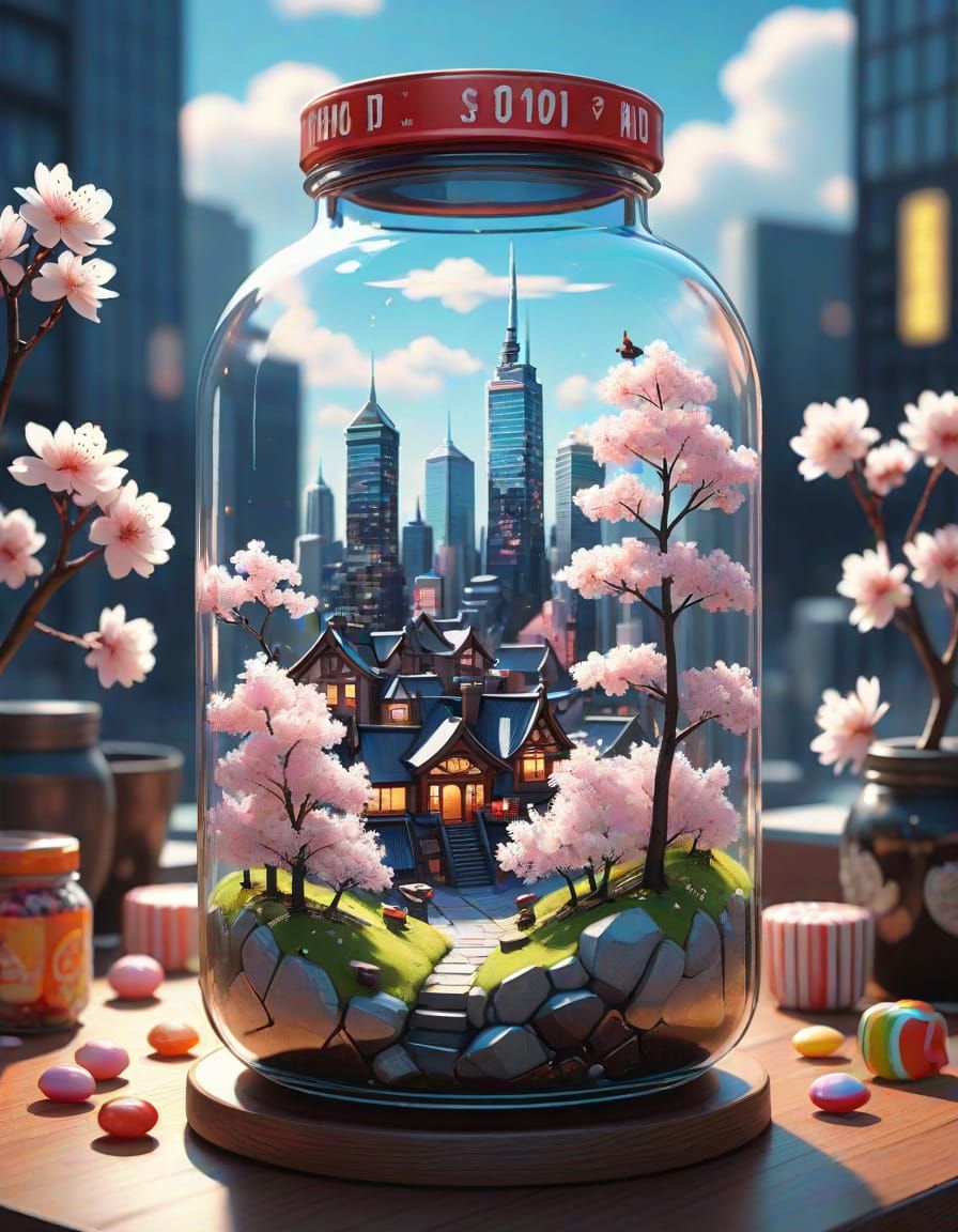 Candy Anime Cityscape in Bottle, WLOP-inspired 3D Art
