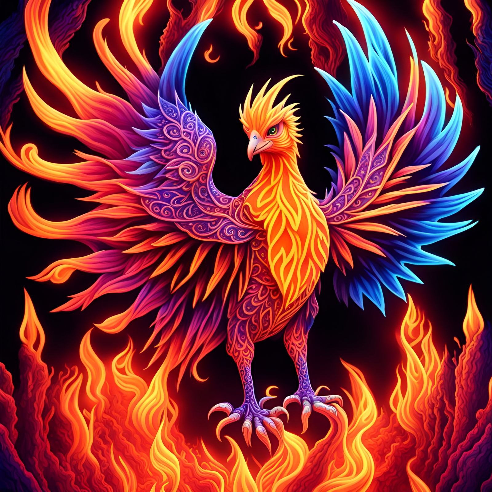 Sparkling Fiery Phoenix in Neon Psychedelic Art