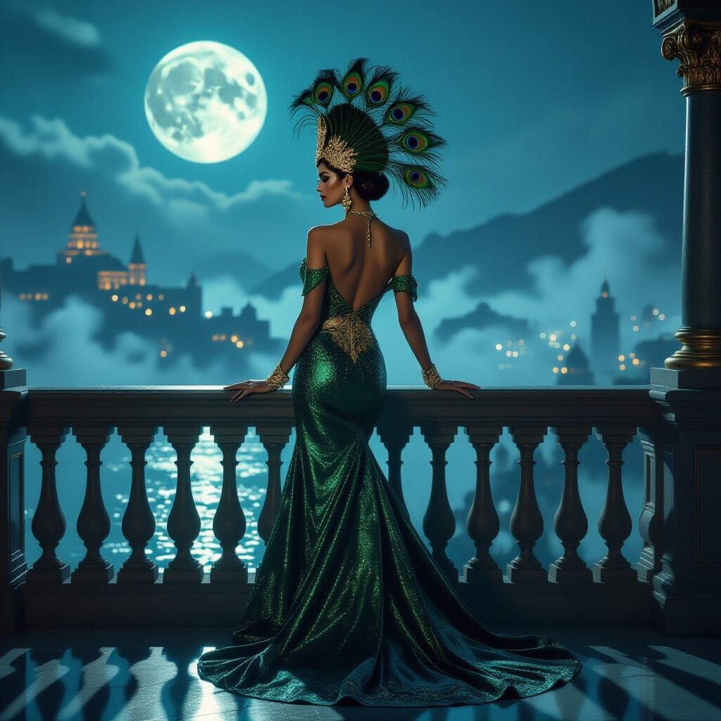 Regal Showgirl in Emerald Gown on Moonlit Balcony