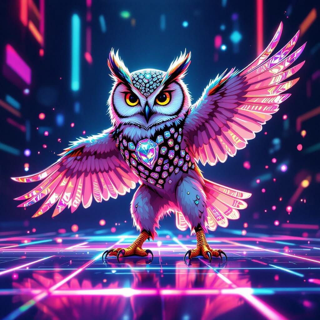 Diamond Owl Breakdancing in Neon Light