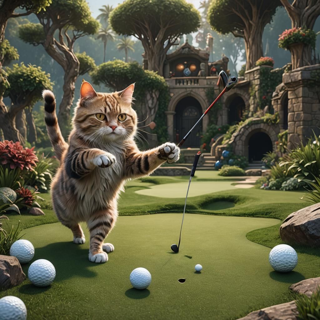 a cat playing golf