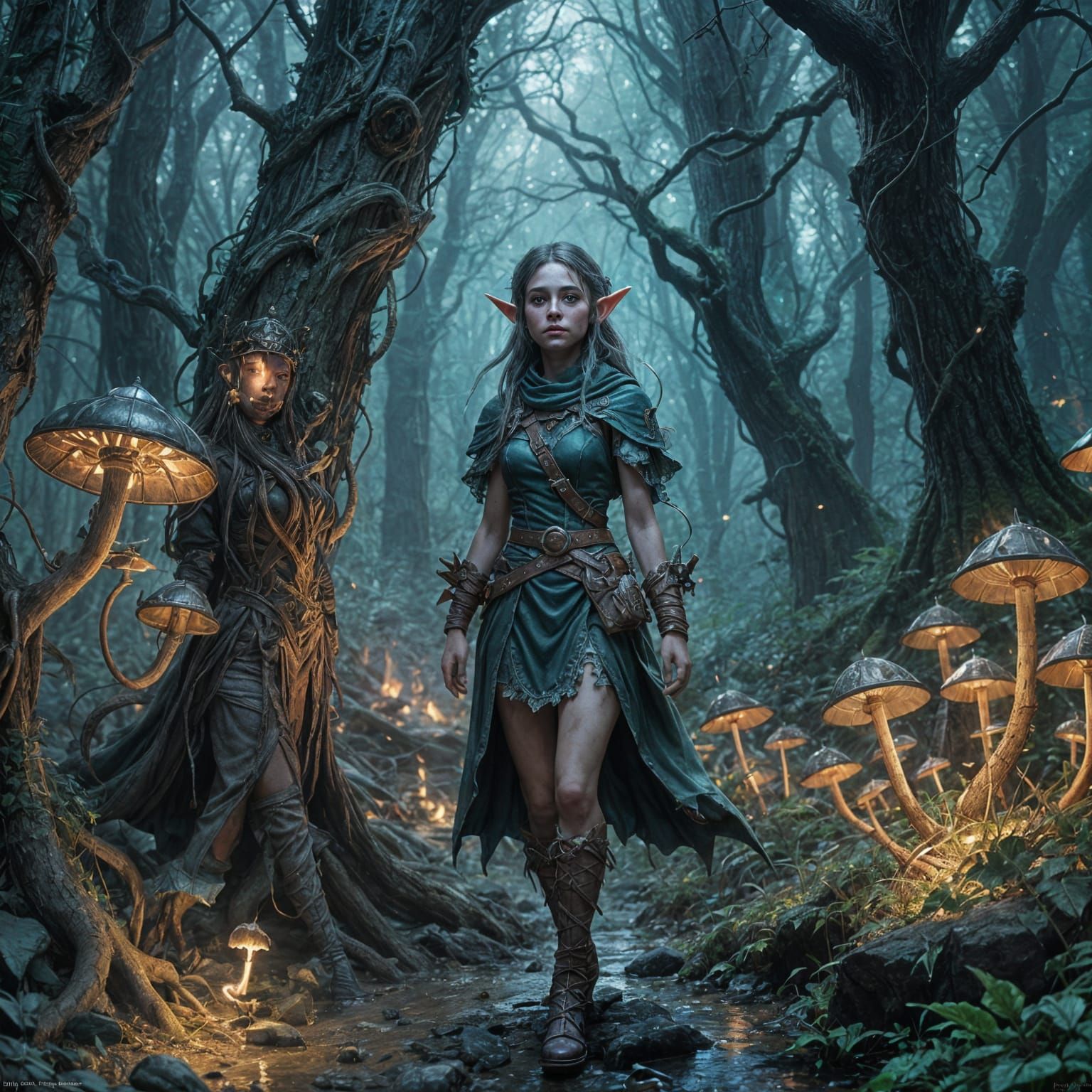 Cute Elf in Dark Fantasy Forest: Detailed 8K Art