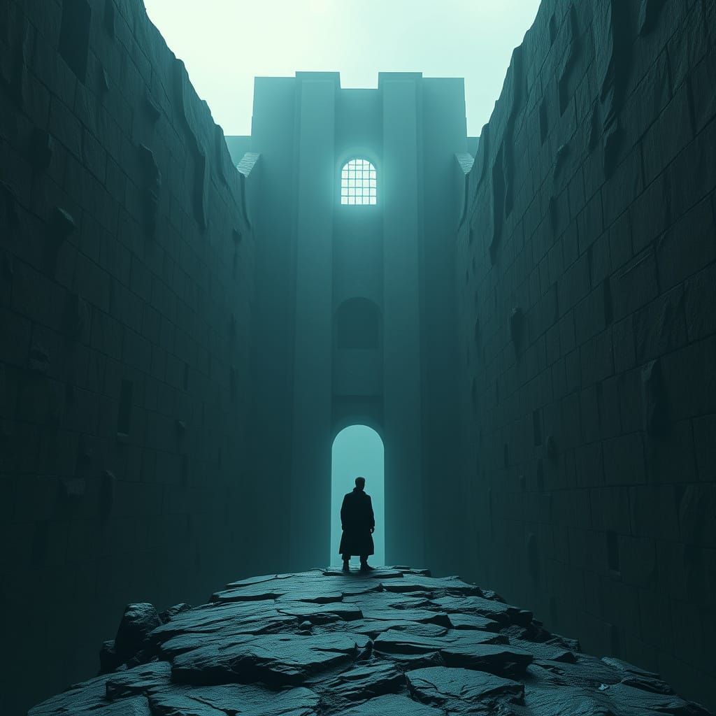 Brutalist Island Prison in Gritty Dystopian Landscape