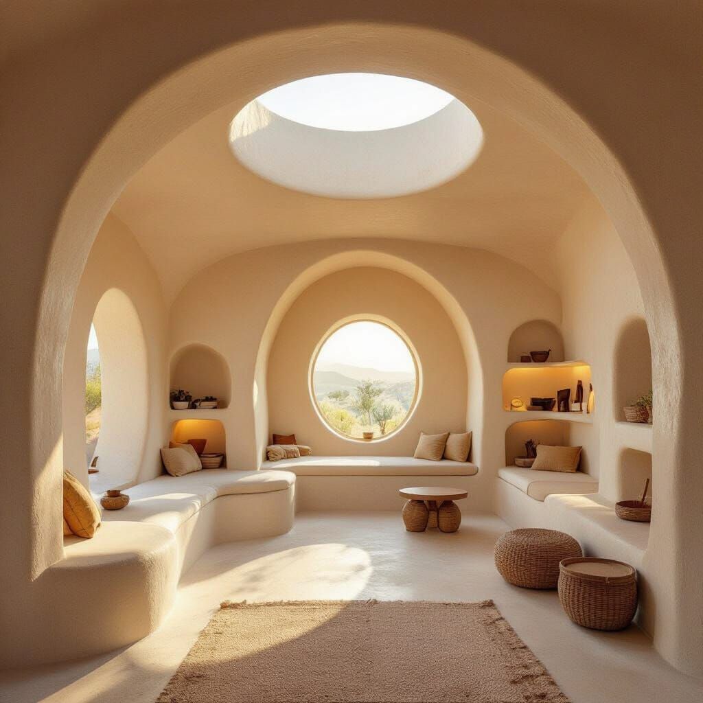 Cinematic Interior of Eco-Friendly Superadobe House