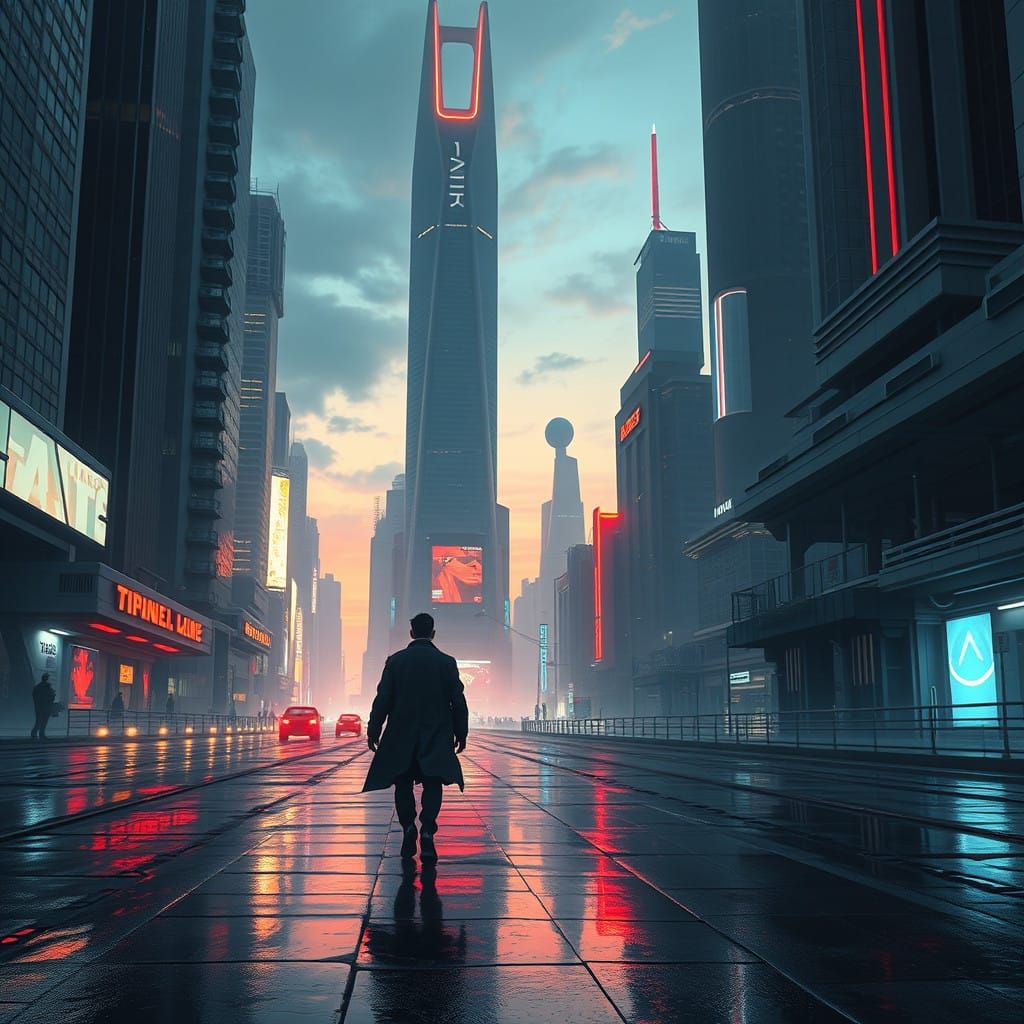 Sleek Futuristic Cityscape at Dusk with Mysterious Figure