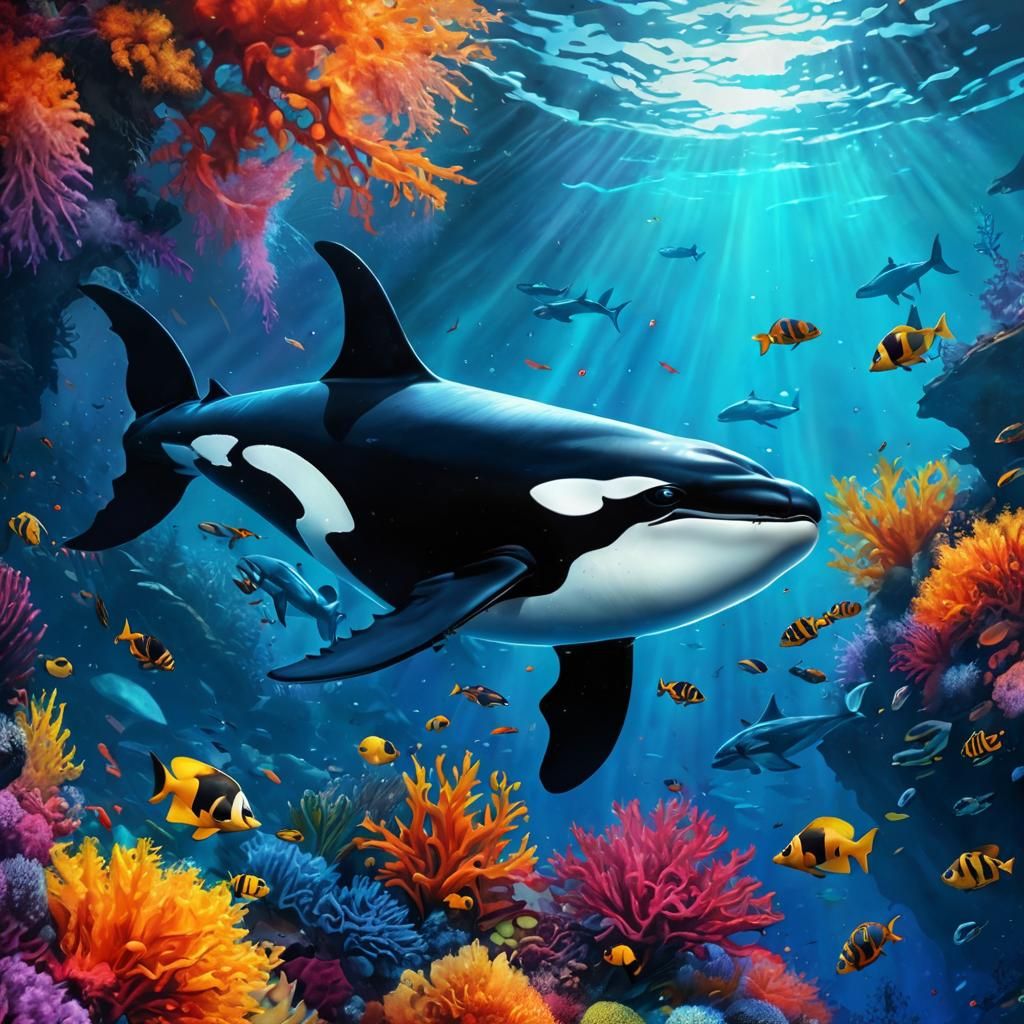 Vibrant Orca in Colorful Underwater Ecosystem