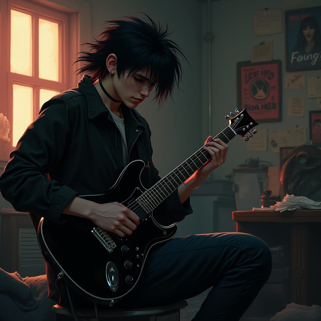Moody Young Musician in a Dark, Cluttered Room