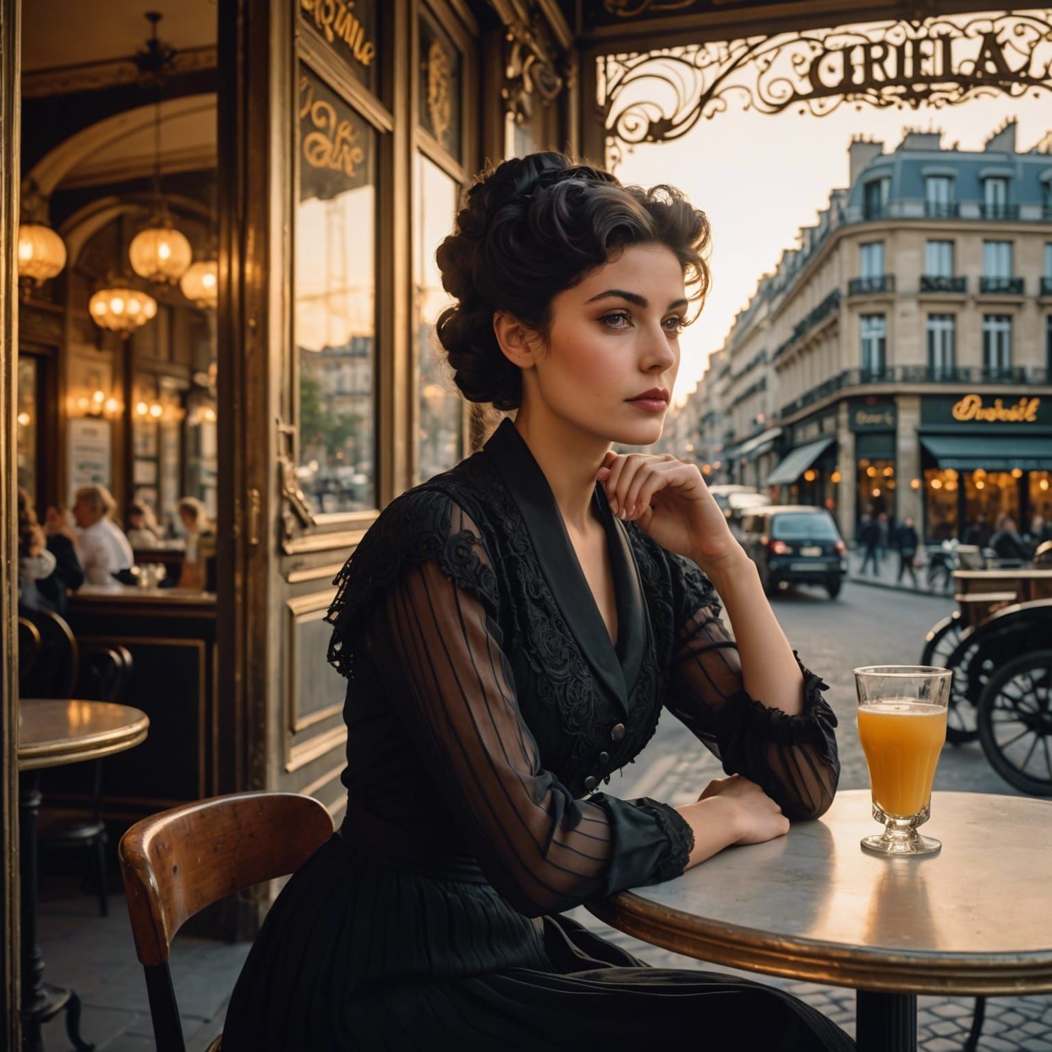 Belle Époque Lady in Parisian Cafe at Sunrise