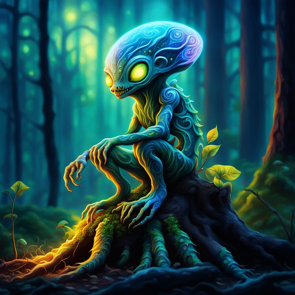 Bioluminescent Alien Creature in Misty Forest