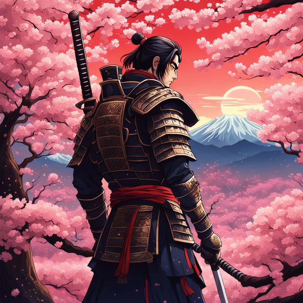 Samurai in Cherry Garden with Saturn, Anime Style