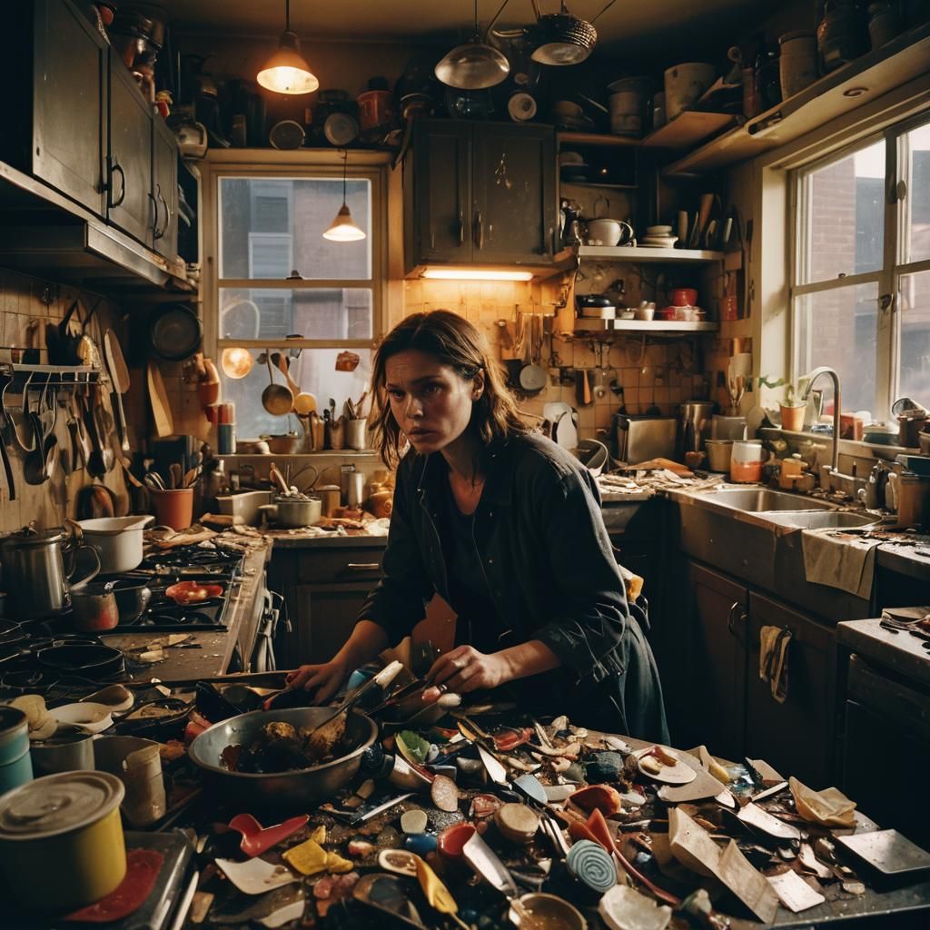 Gritty Kitchen Scene in Film Noir Style